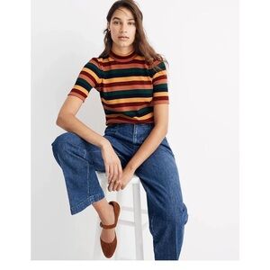 Madewell Ribbed Mockneck Top in Rainbow Stripe, size large